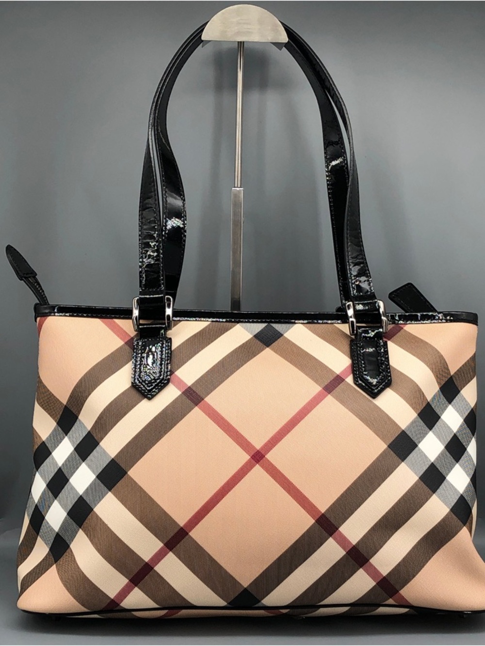 Classic Plaid Tote Bag with Black Patent Handles